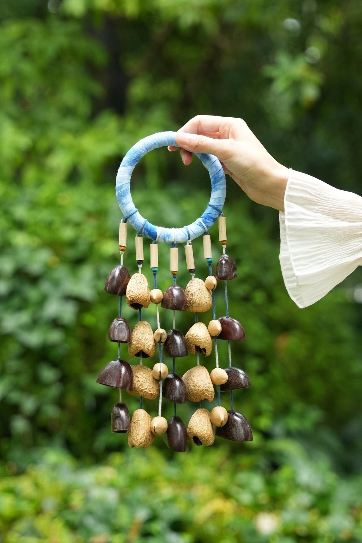 "The Indigo Rain" - Shibori Wrapped Ring & Cascading Shell Wind Chime